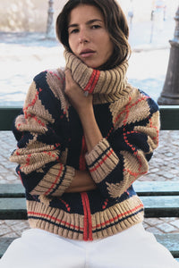 Argyle Pattern Zip-Up Oversized Knit Cardigan
