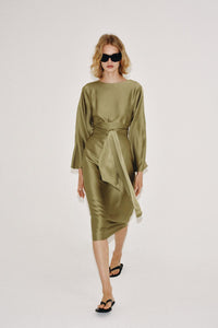 Satin Tie-Waist Batwing Sleeve Midi Dress