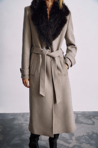 Long blended-fabric coat with detachable faux fur