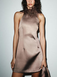 Feather Trim Halter Satin Mini Dress