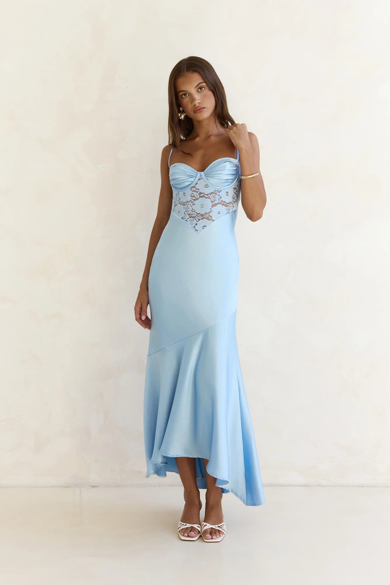 Aria Glacier Blue Satin and Sheer Lace Mermaid Maxi Dress
