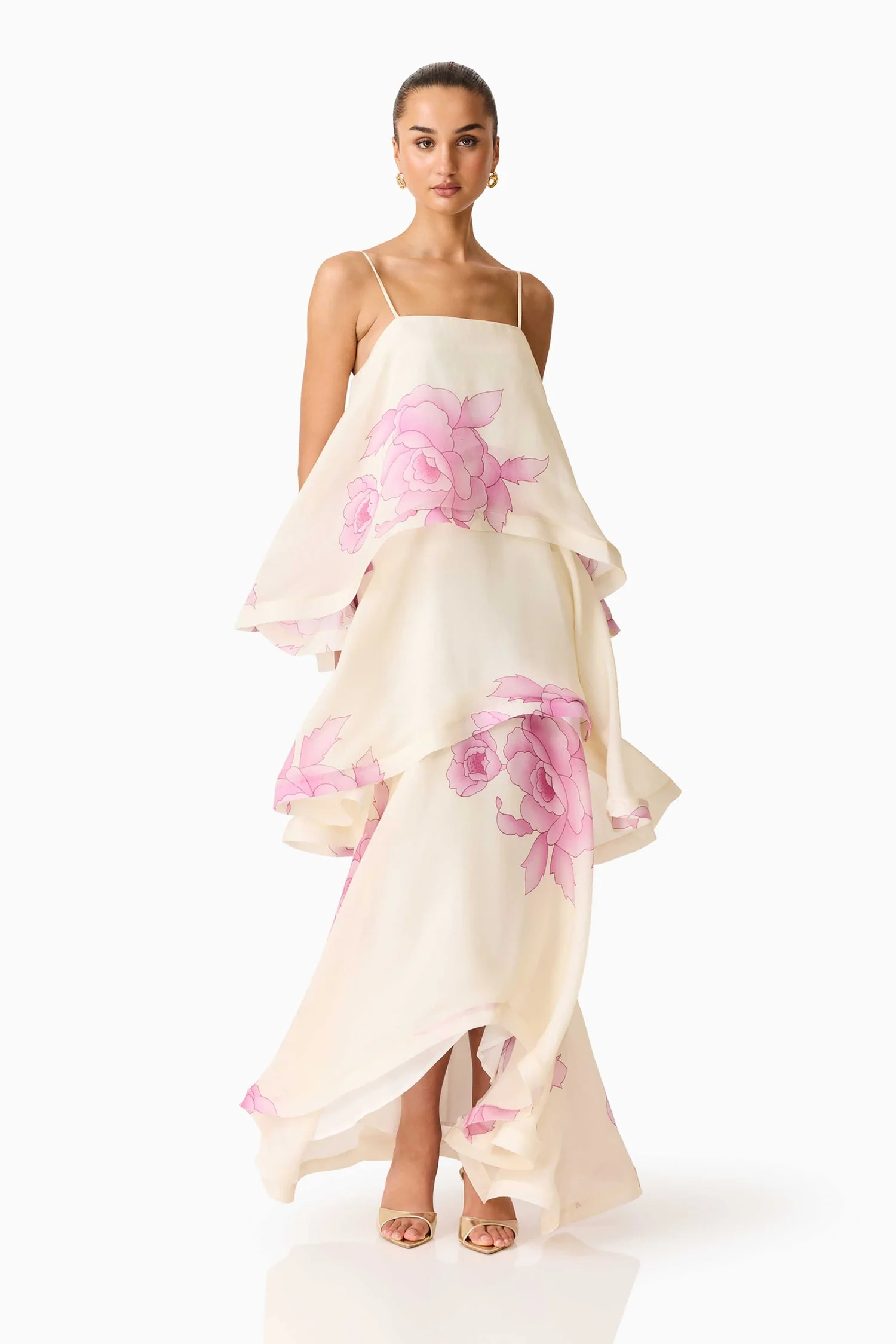 layered floral chiffon maxi dress.spaghetti straps, and elegant oversized prints—perfect for weddings, vacations, and summer events.