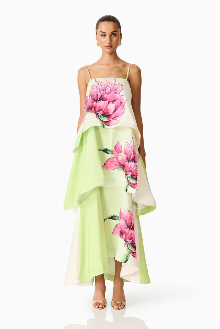 layered floral chiffon maxi dress.spaghetti straps, and elegant oversized prints—perfect for weddings, vacations, and summer events.