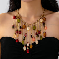 Retro Multi-Color Resin Gemstone Waterfall Fringe Statement Necklace