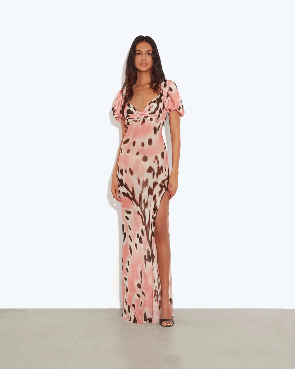 Magnolia Pink Tie-Dye Zebra Knot Front High-Slit Maxi Dress