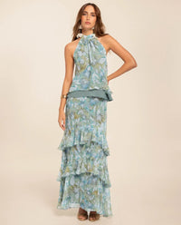 Monet Aquamarine Watercolor Floral Chiffon Halter and Tiered Maxi Skirt Set