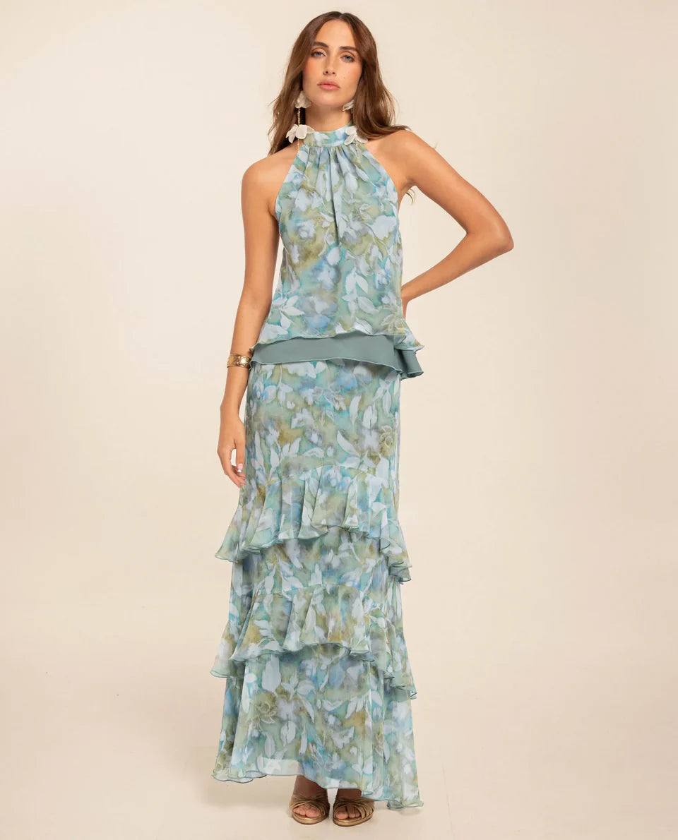 Monet Aquamarine Watercolor Floral Chiffon Halter and Tiered Maxi Skirt Set
