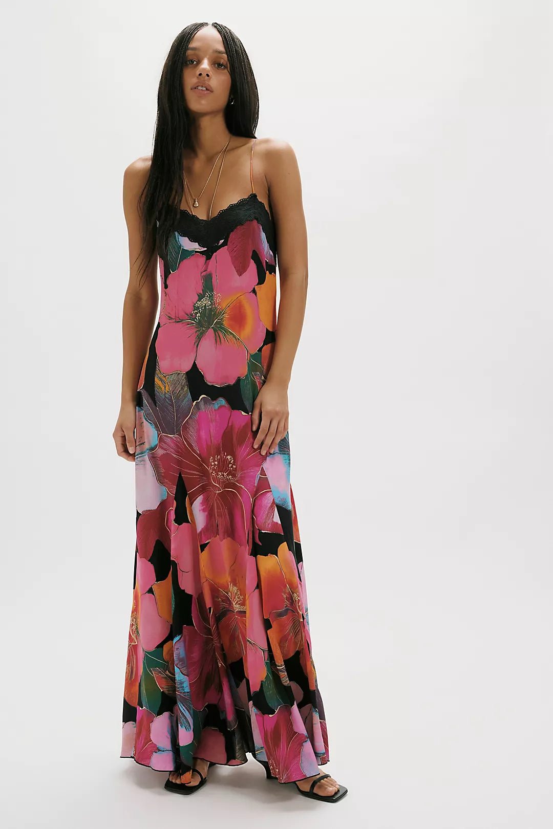 Vibrant Floral Lace-Trim Maxi Dress