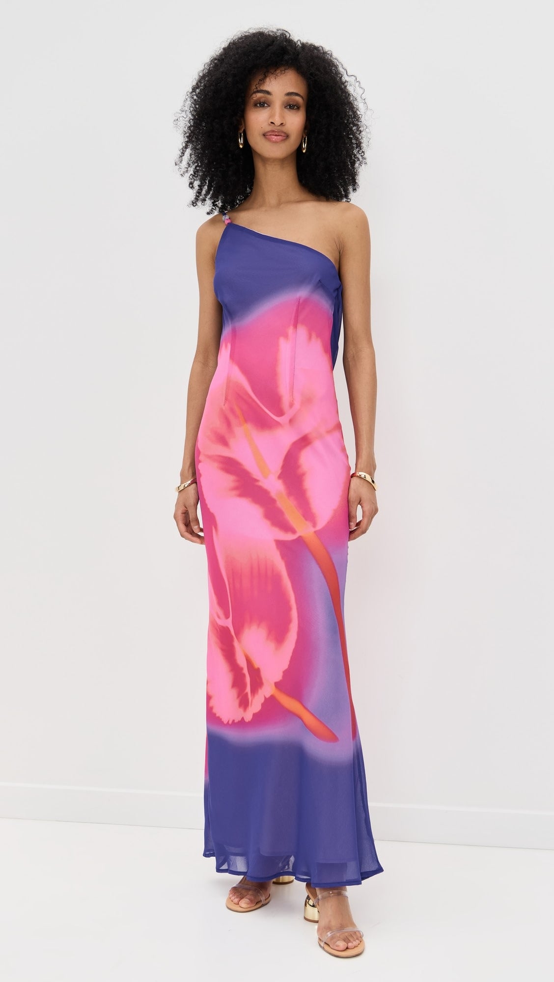 Delilah One-Shoulder Mesh Maxi Dress in Blurred Giant Tulip Print
